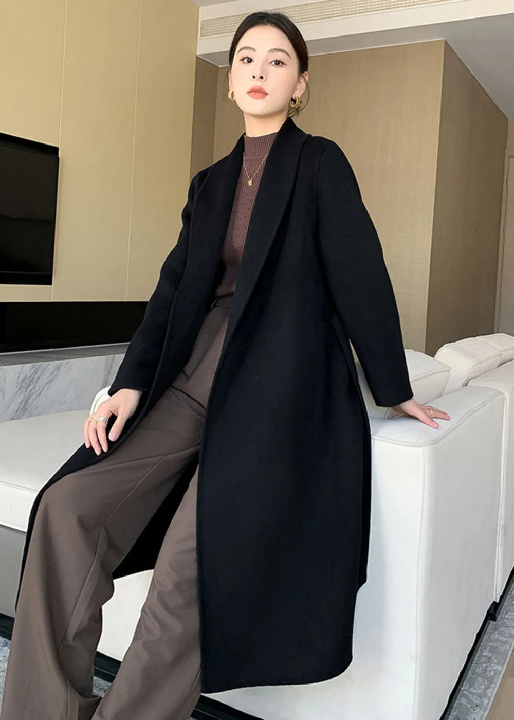 Eda Open Front Belted Double Face Wool Coat