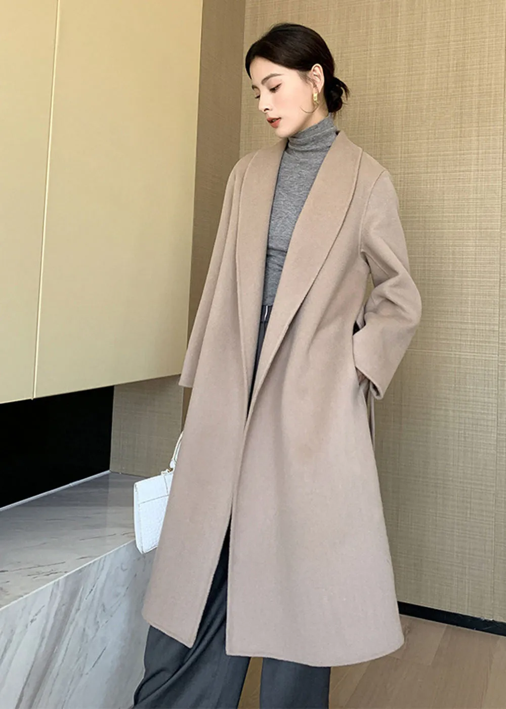 Eda Open Front Belted Double Face Wool Coat