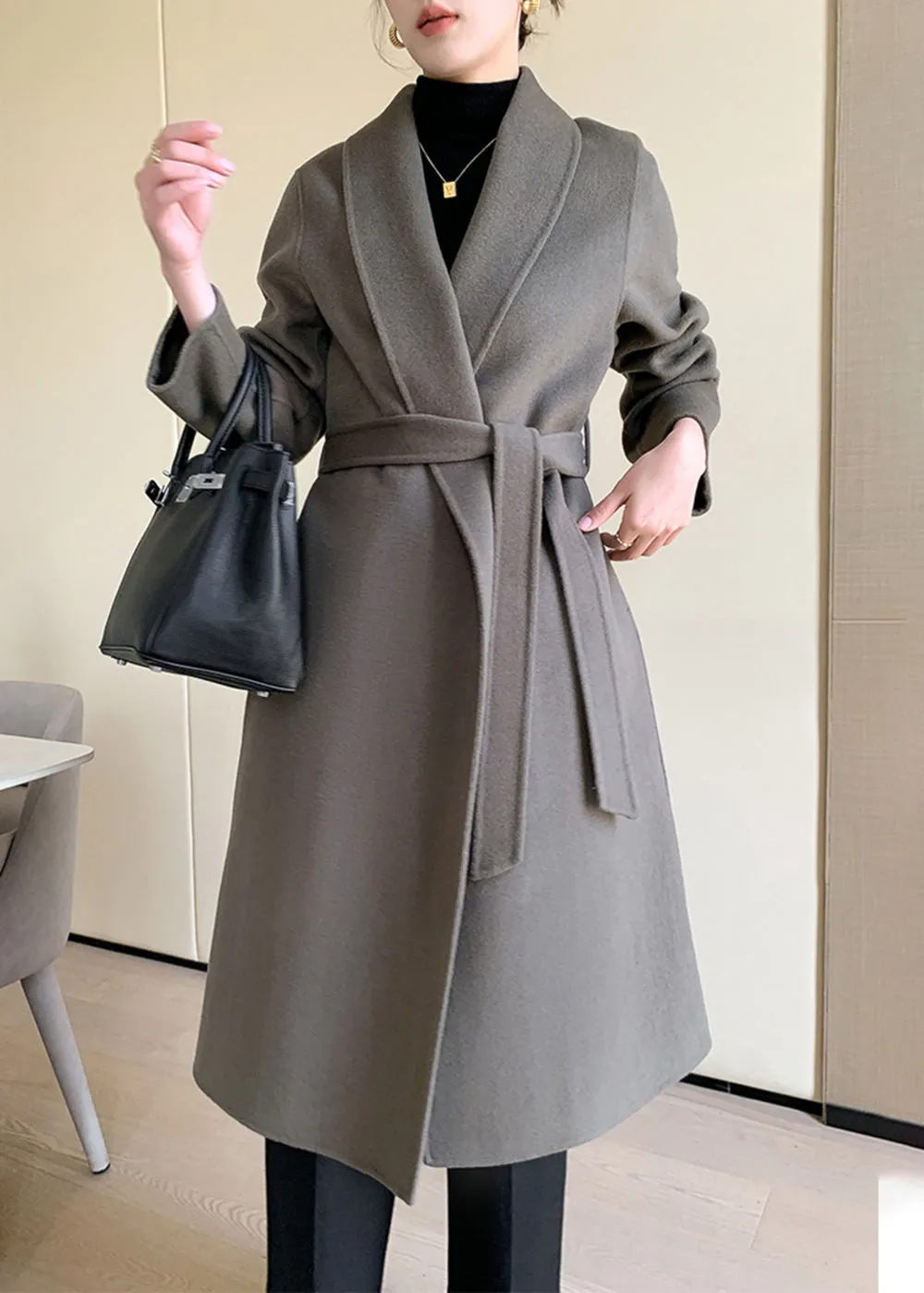 Eda Open Front Belted Double Face Wool Coat