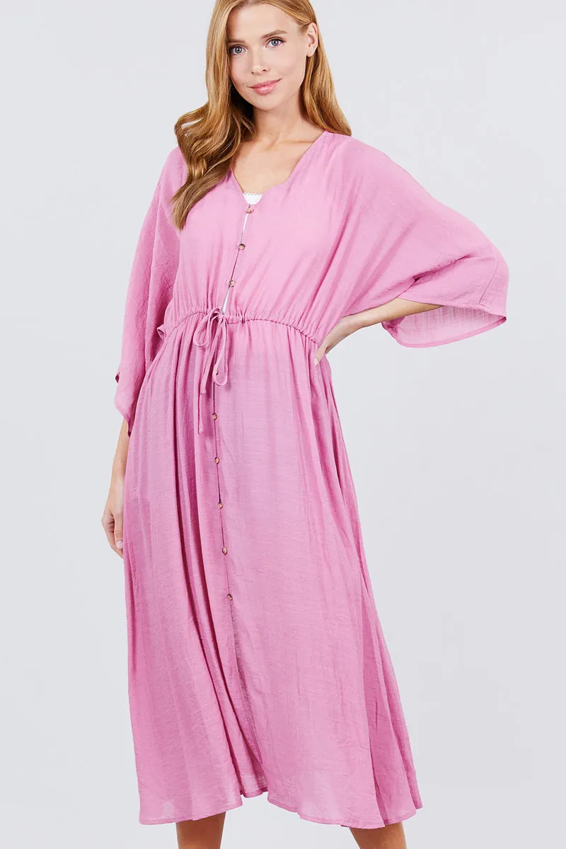 Elbow Sleeve Waist Ribbon Tie Button Down Long Woven Cardigan