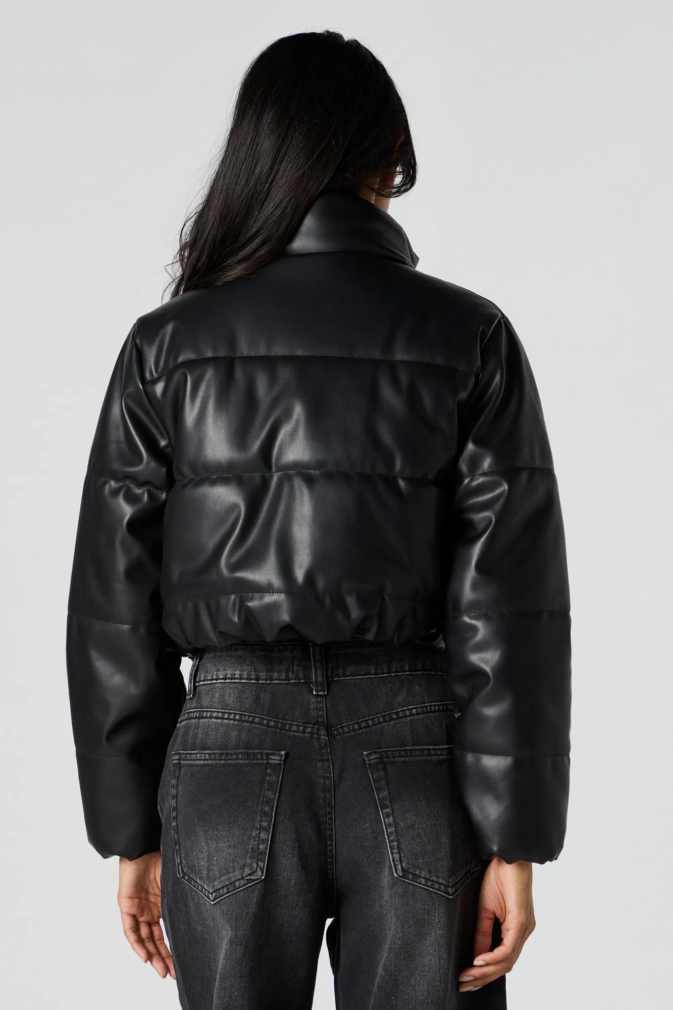 Faux Leather Cropped Puffer Jacket