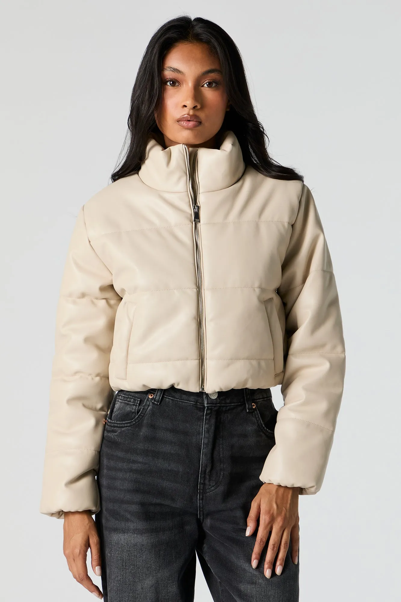 Faux Leather Cropped Puffer Jacket