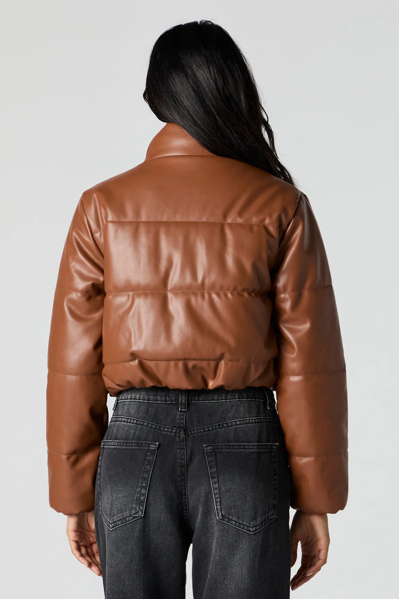 Faux Leather Cropped Puffer Jacket