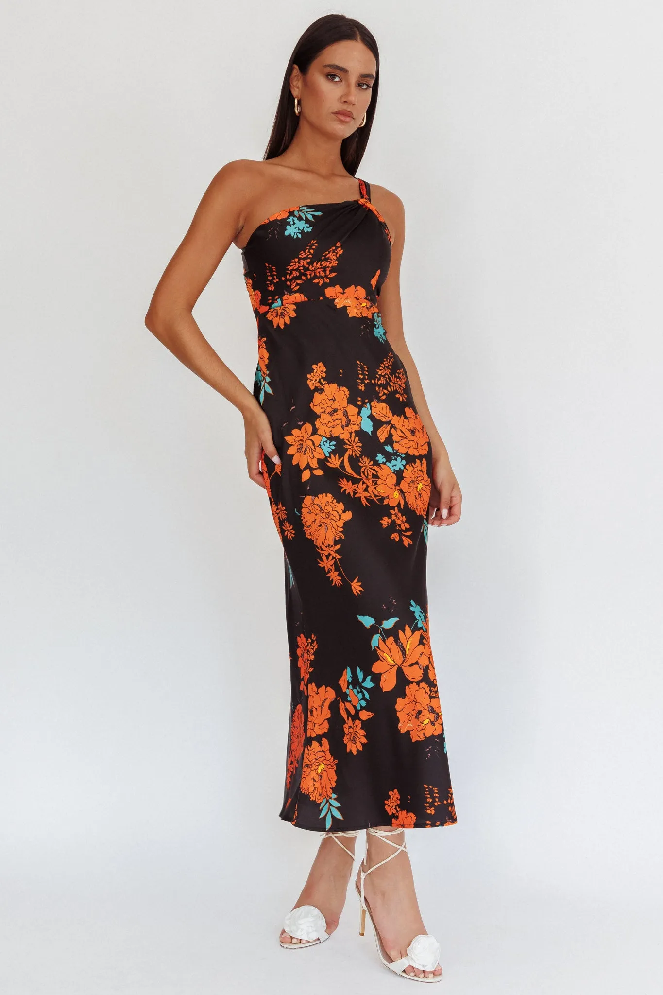 Fly Love Satin One Shoulder Maxi Dress Floral Black