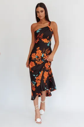 Fly Love Satin One Shoulder Maxi Dress Floral Black