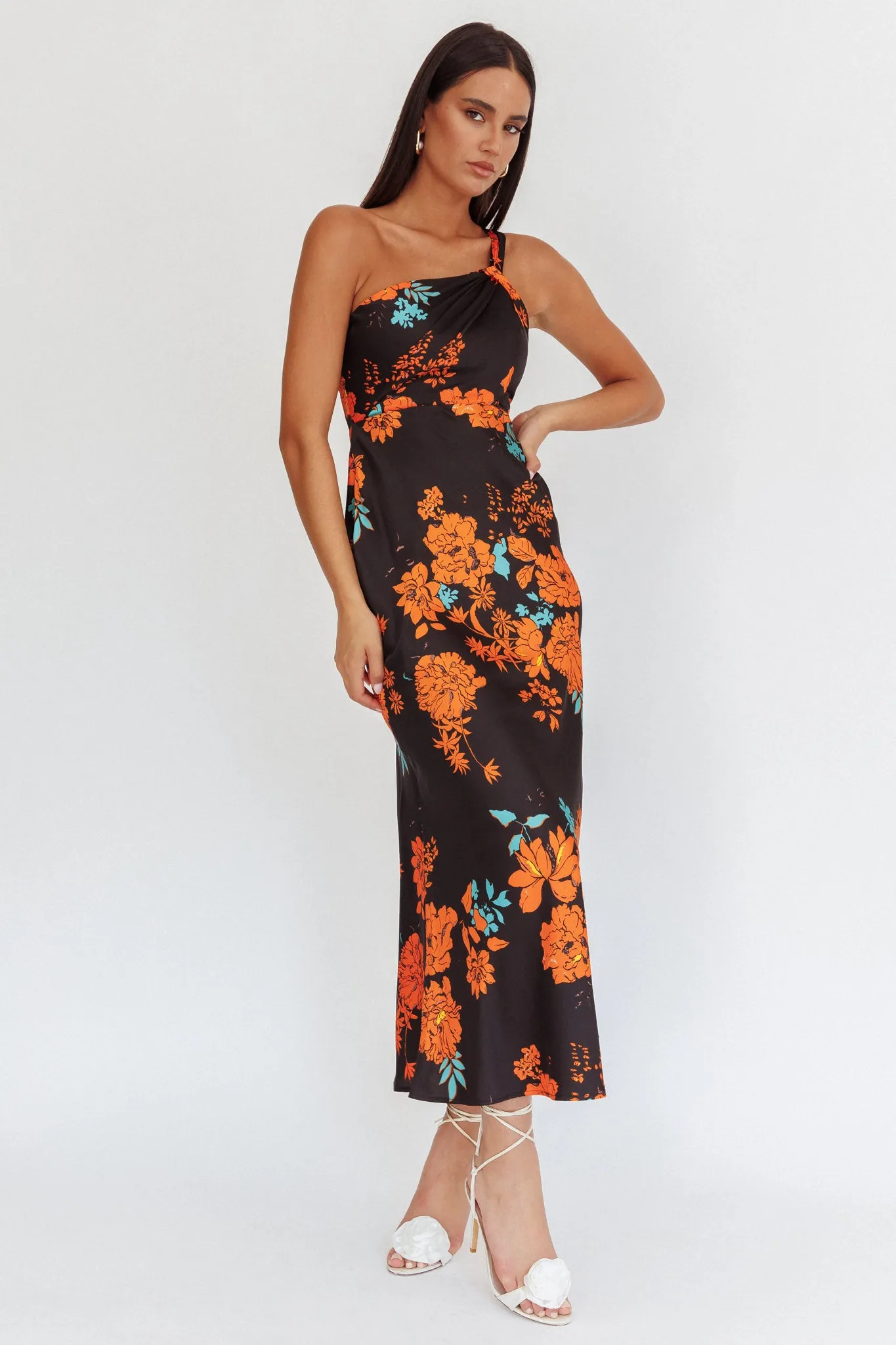 Fly Love Satin One Shoulder Maxi Dress Floral Black