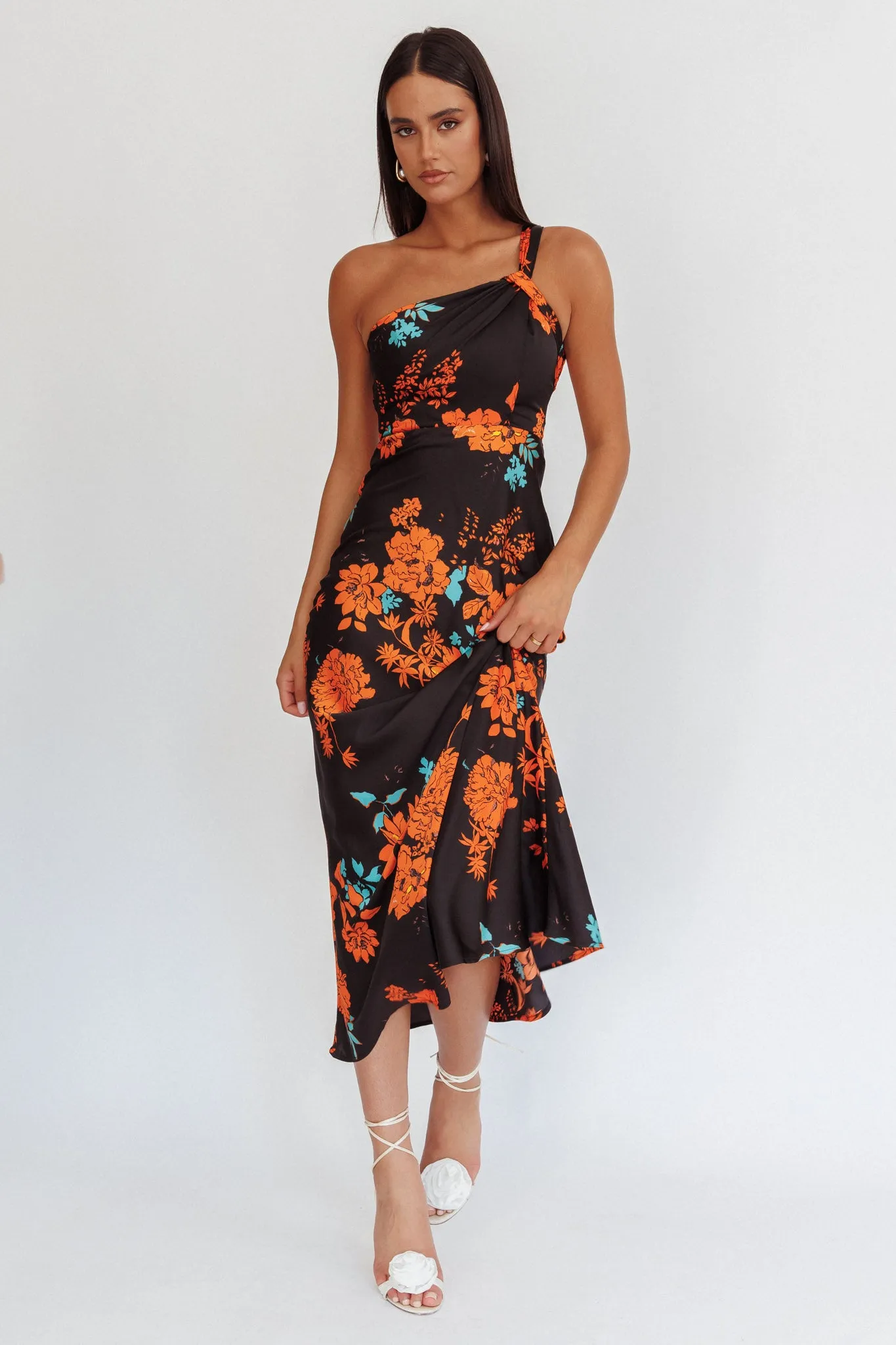 Fly Love Satin One Shoulder Maxi Dress Floral Black