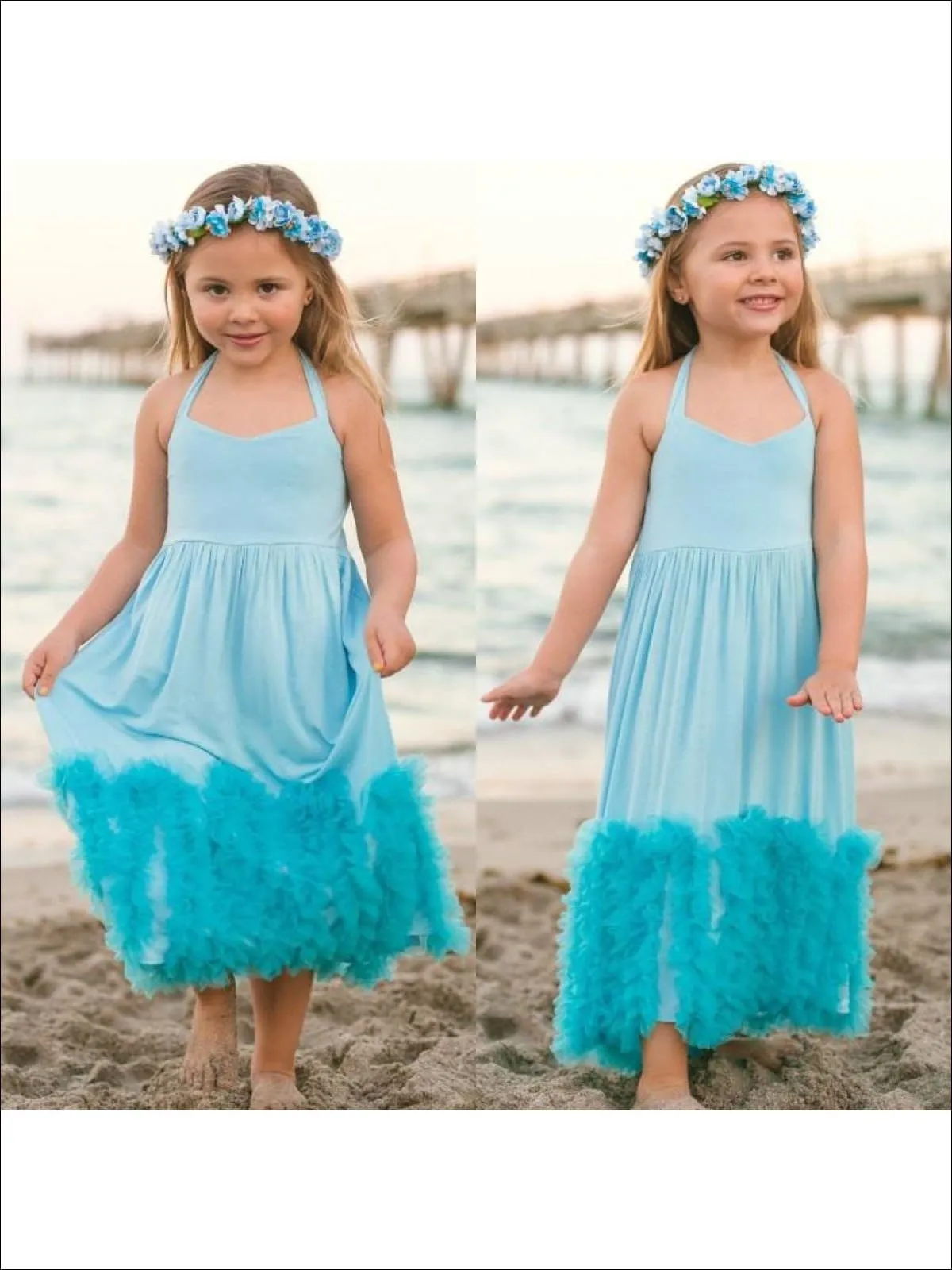 Girls Blue Halter Maxi Dress with Ruffle Waves