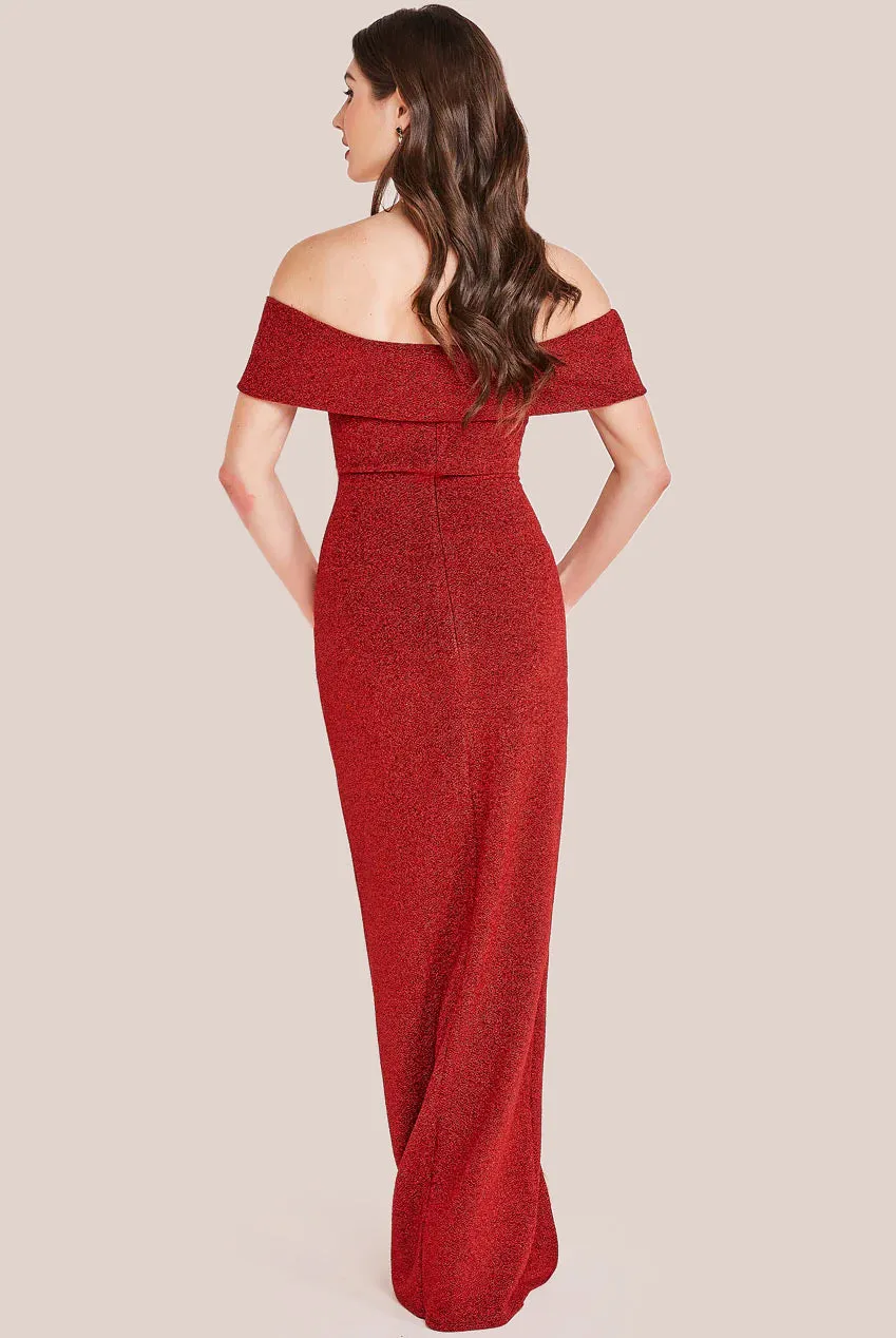 Goddiva Sparkle Bardot Maxi With Waterfall Ruffle - Red