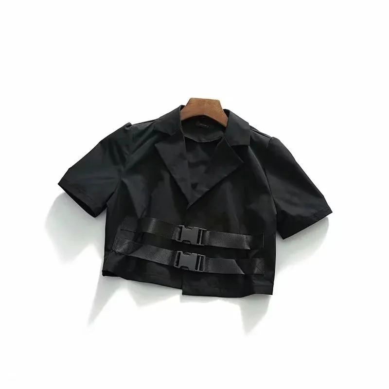 Gothic streetwear lapel collar shirt instashop buckle belt short cargo outfit women top