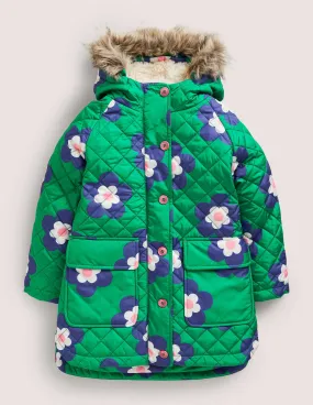 Green Floral Longline Quilted Jacket-Green Daisy Geo