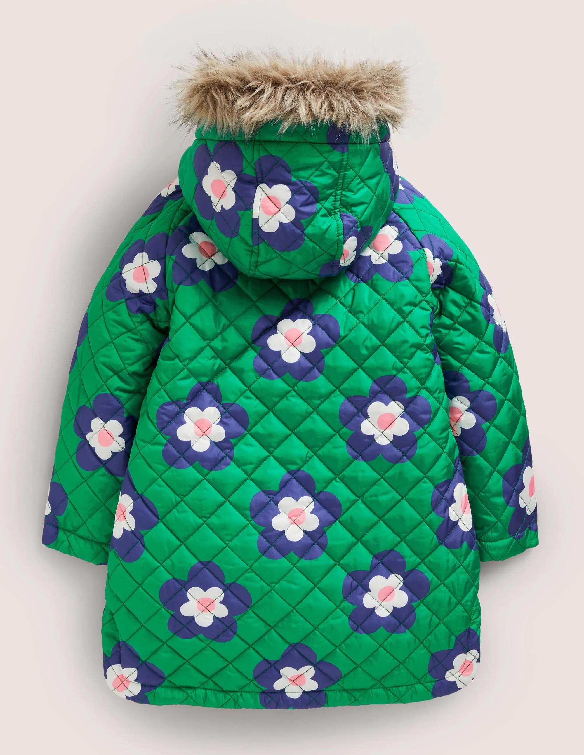 Green Floral Longline Quilted Jacket-Green Daisy Geo