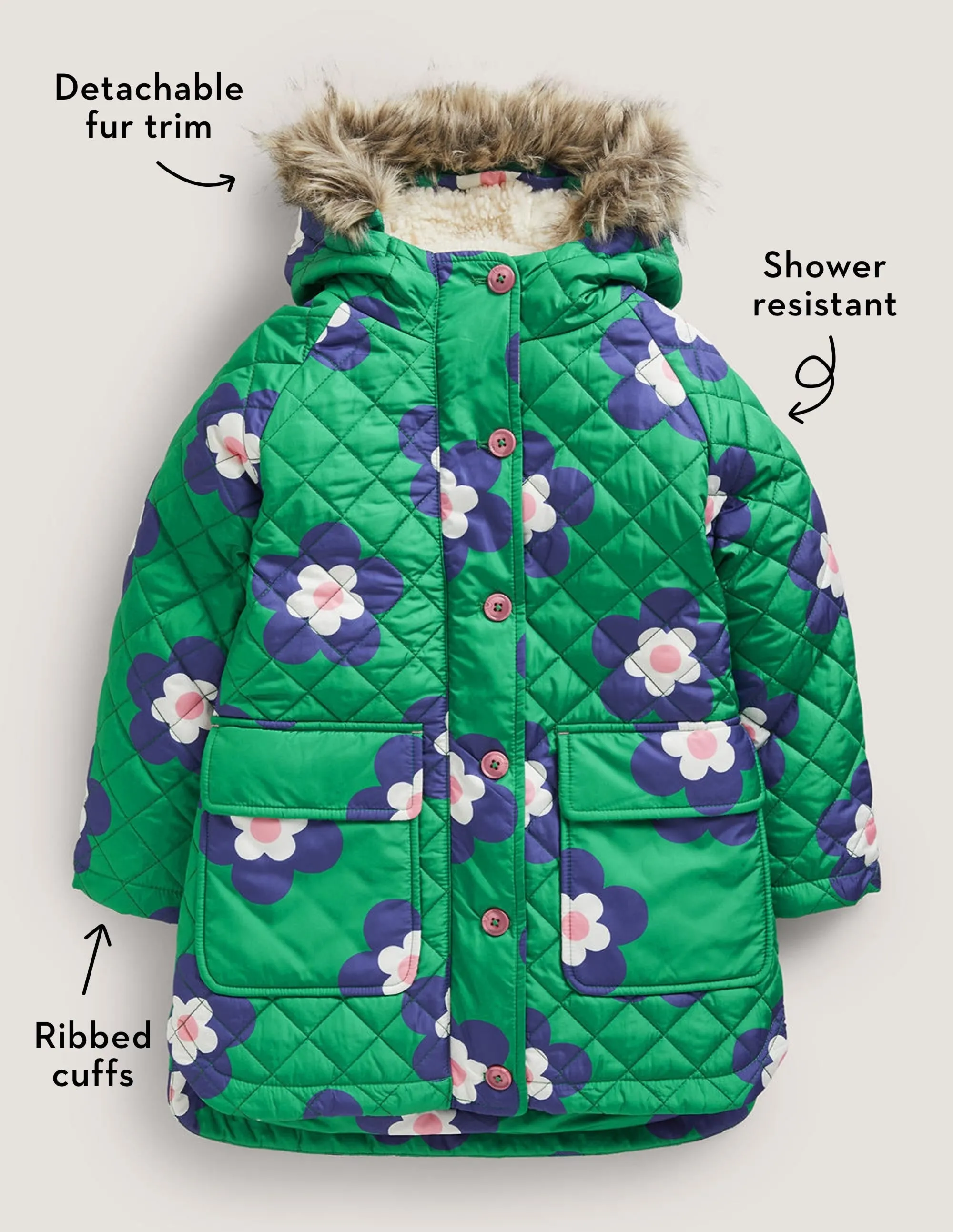 Green Floral Longline Quilted Jacket-Green Daisy Geo