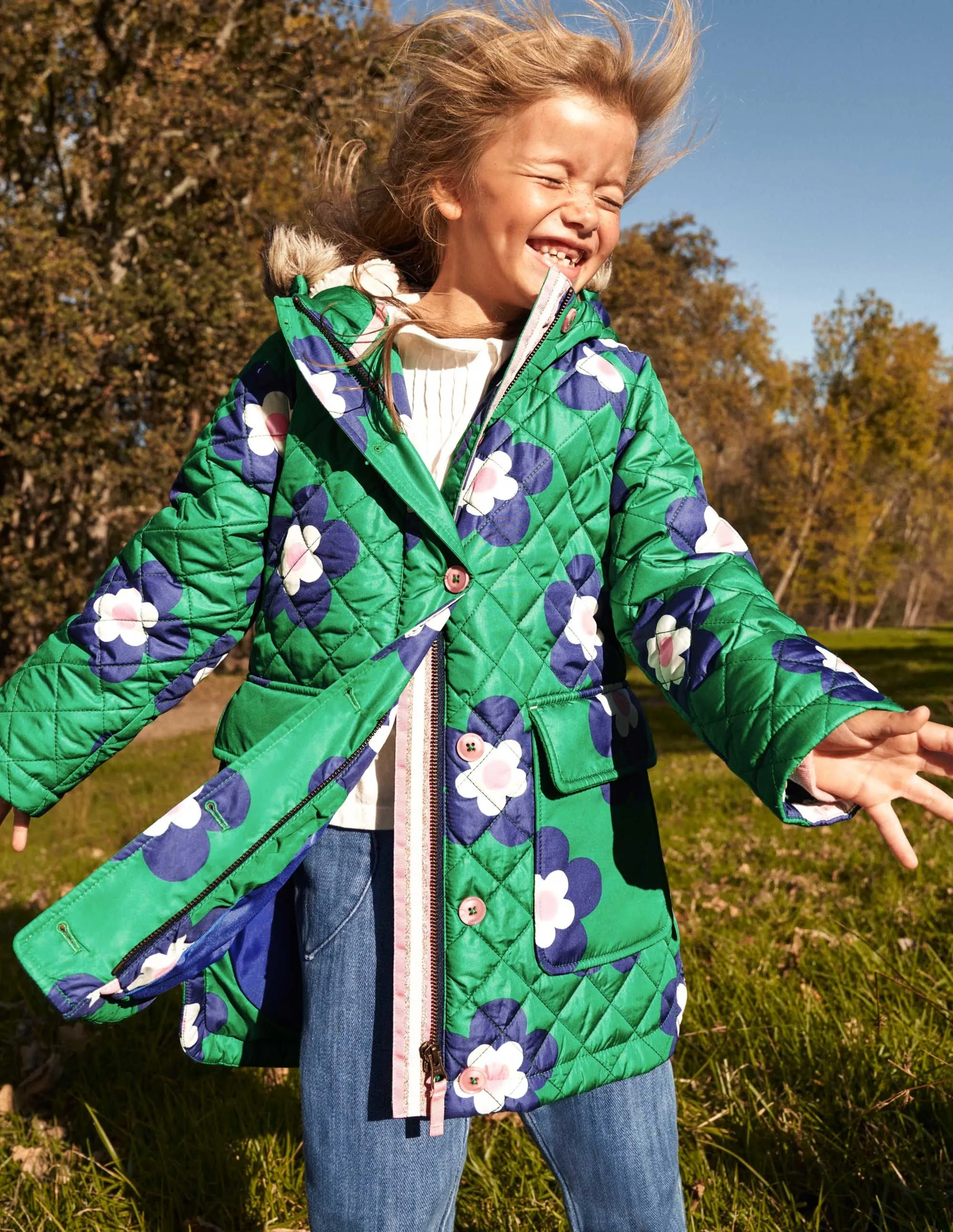 Green Floral Longline Quilted Jacket-Green Daisy Geo