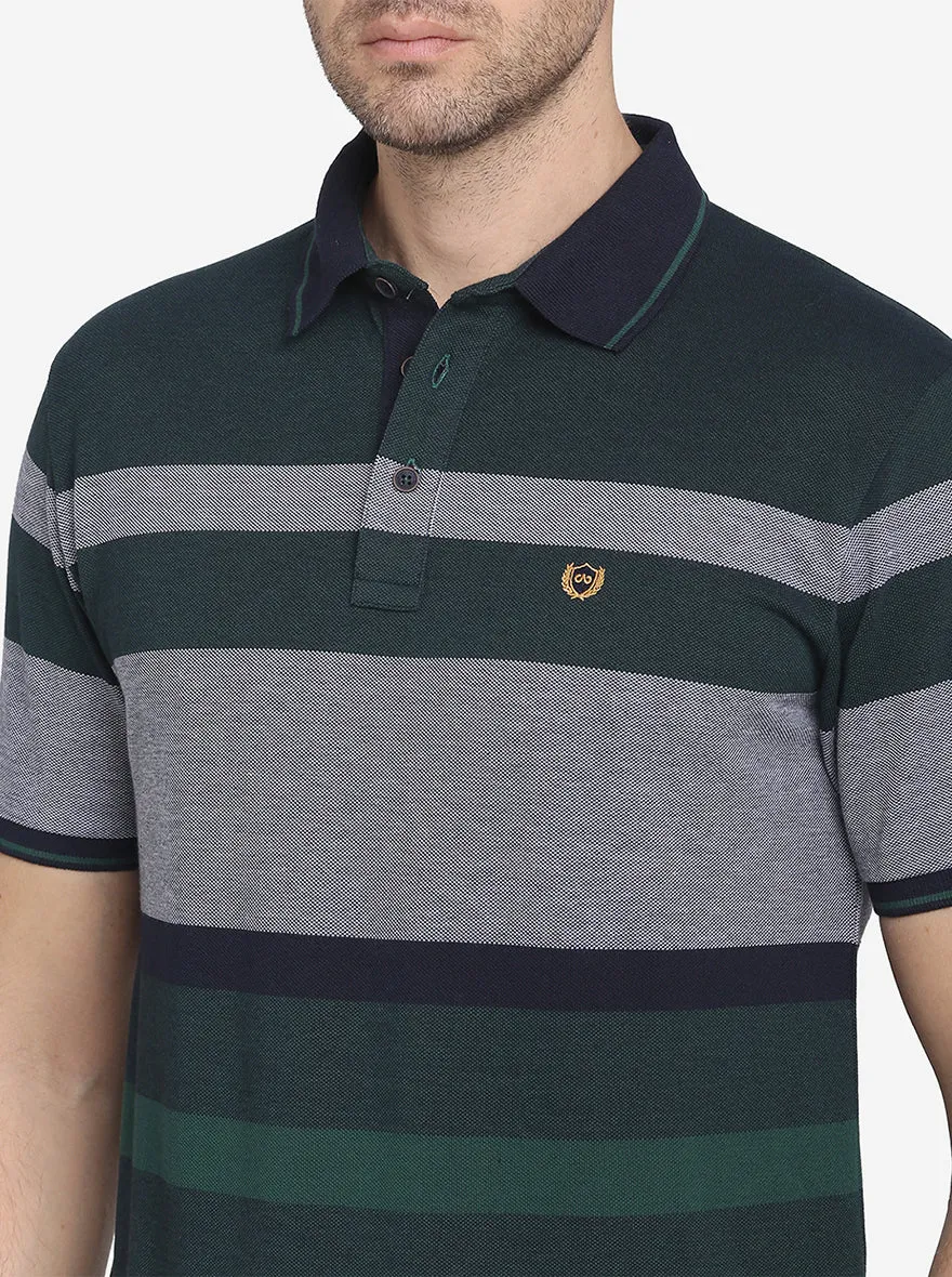 Grey & Green Striped Slim Fit Polo T-shirt  | JadeBlue