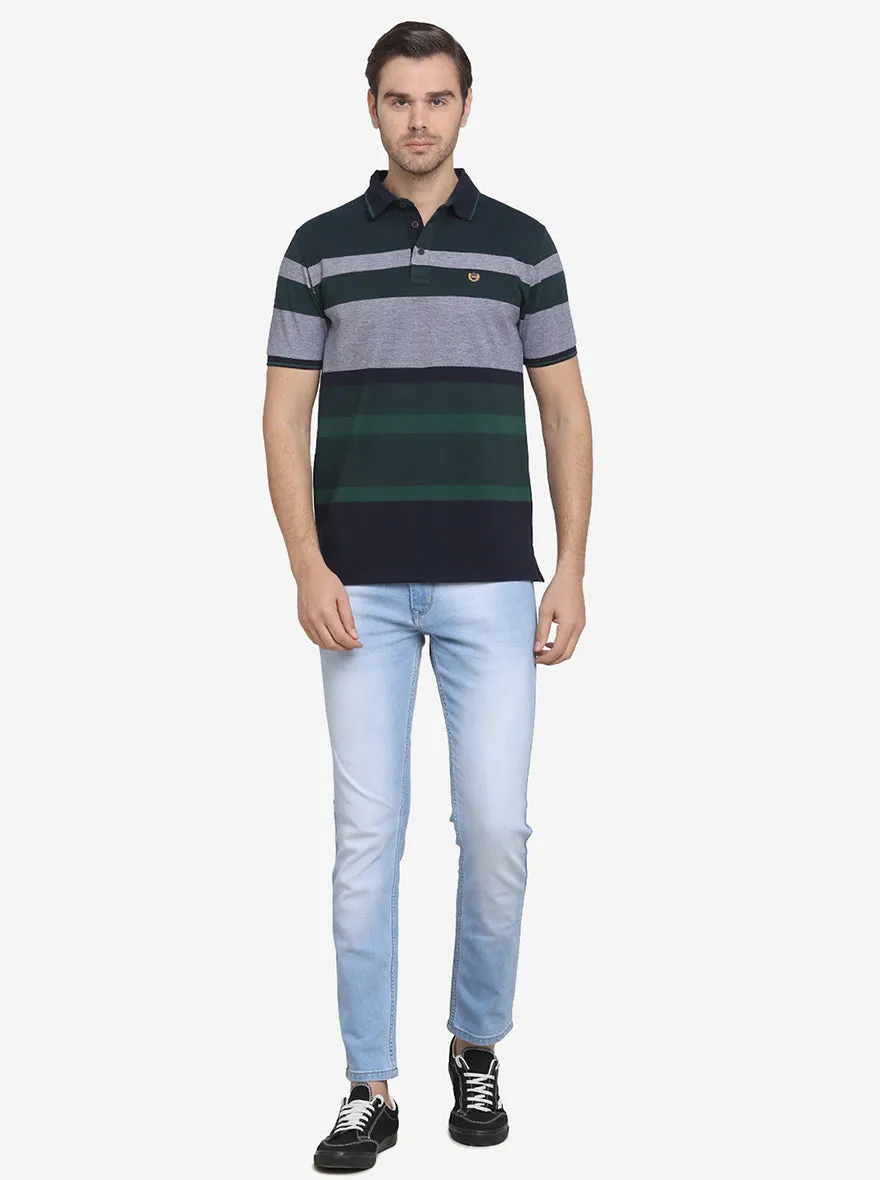 Grey & Green Striped Slim Fit Polo T-shirt  | JadeBlue