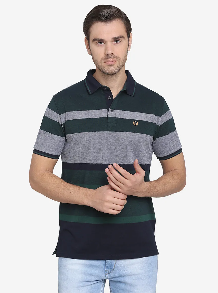 Grey & Green Striped Slim Fit Polo T-shirt  | JadeBlue