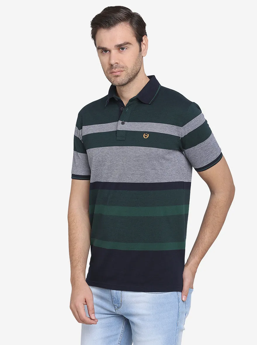 Grey & Green Striped Slim Fit Polo T-shirt  | JadeBlue