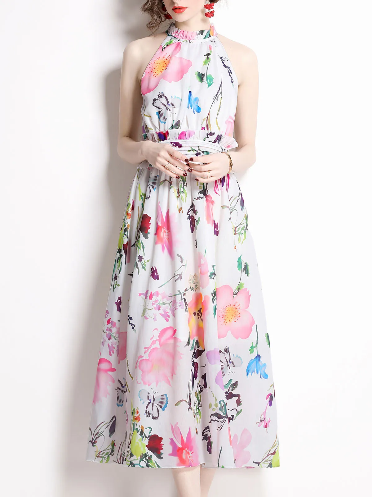 Halter Floral Printed Sleeveless High Waist Beach Party Fashion Boho Dress