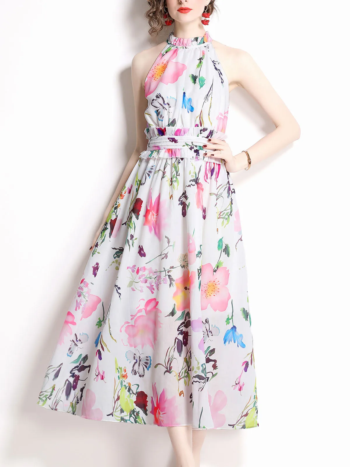 Halter Floral Printed Sleeveless High Waist Beach Party Fashion Boho Dress