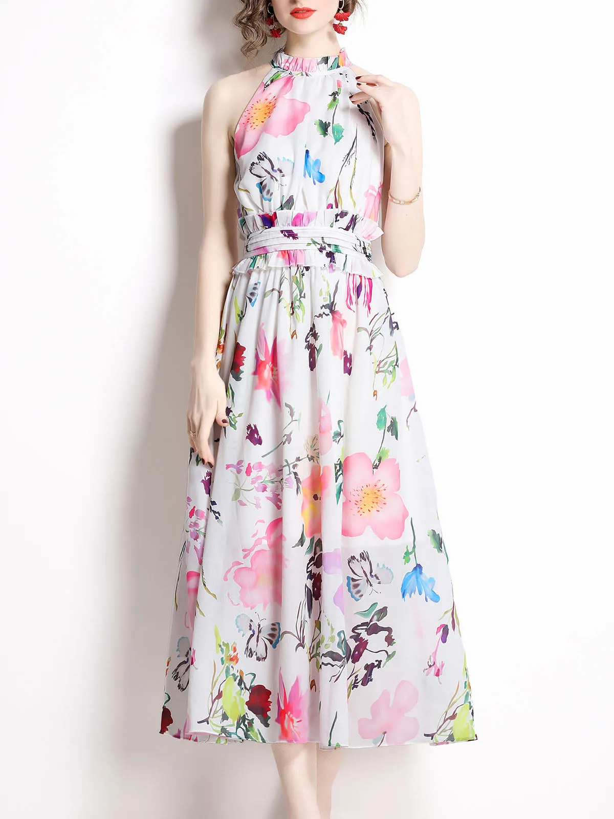 Halter Floral Printed Sleeveless High Waist Beach Party Fashion Boho Dress