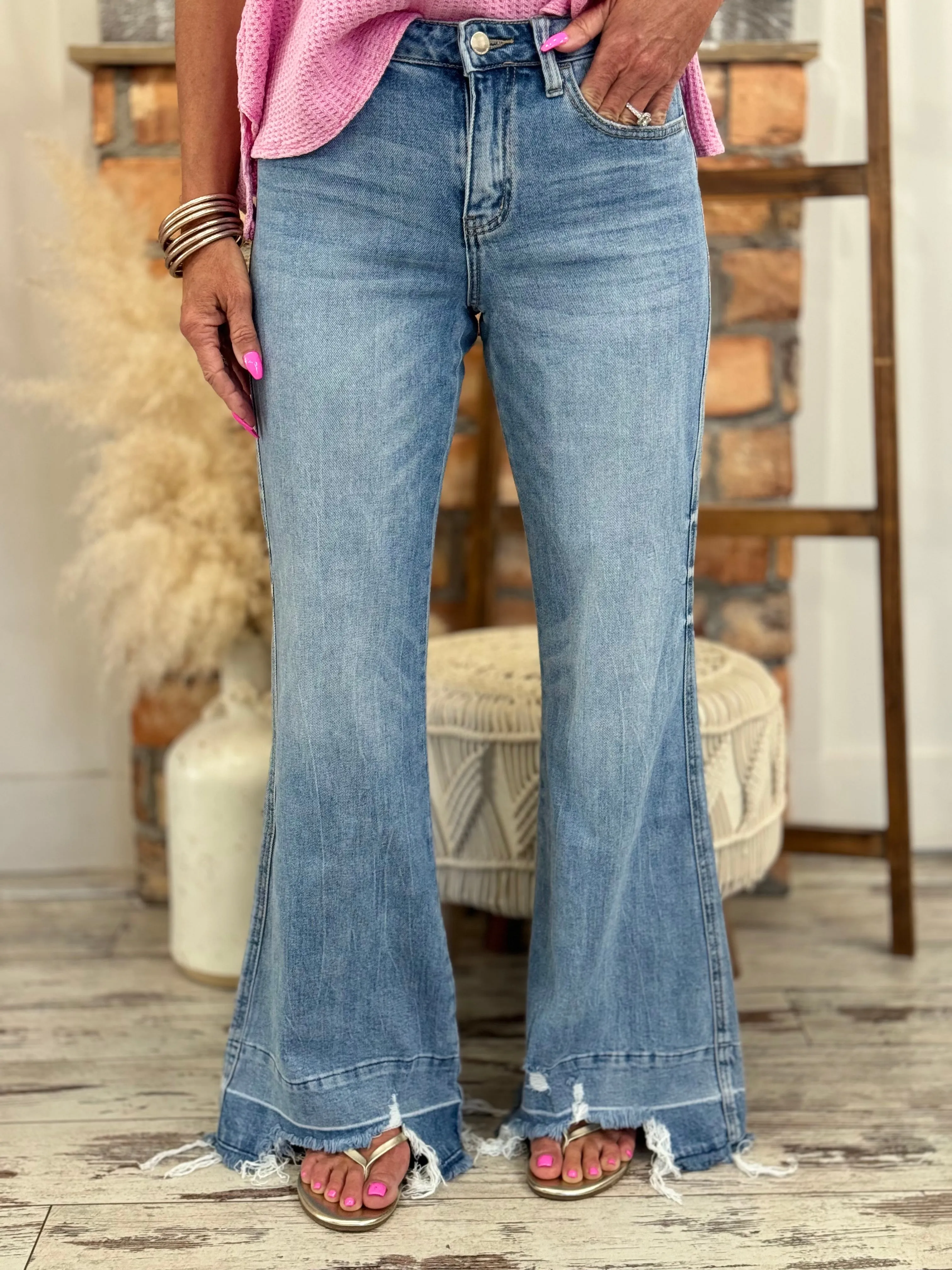 High Rise Destroyed Raw Hem Flare Jeans