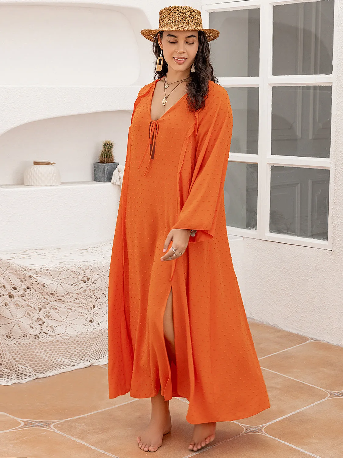 Island Sunset Plus Size Tie Neck Long Sleeve Slit Dress