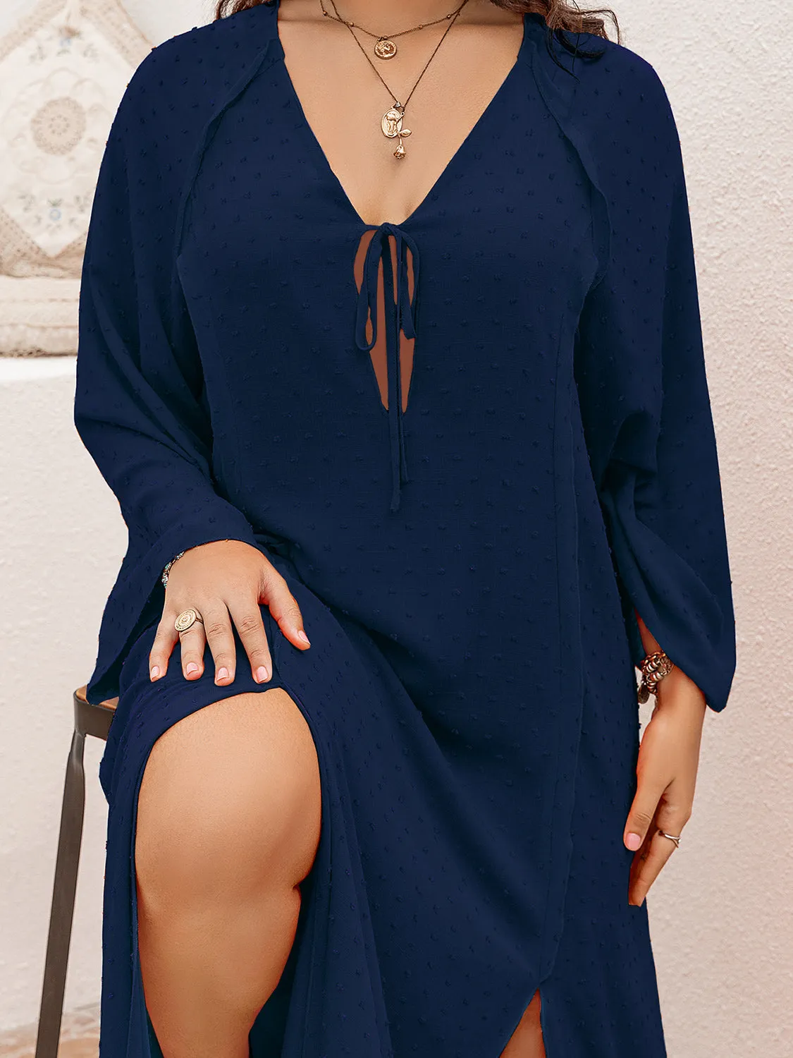 Island Sunset Plus Size Tie Neck Long Sleeve Slit Dress