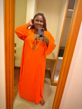 Island Sunset Plus Size Tie Neck Long Sleeve Slit Dress