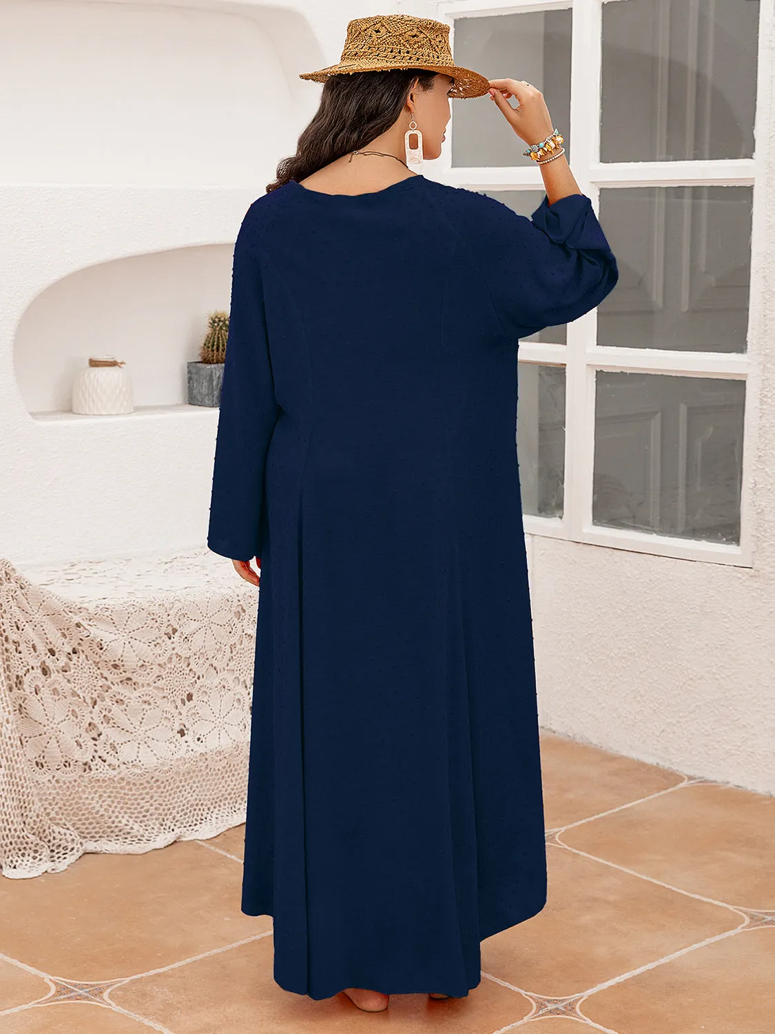 Island Sunset Plus Size Tie Neck Long Sleeve Slit Dress