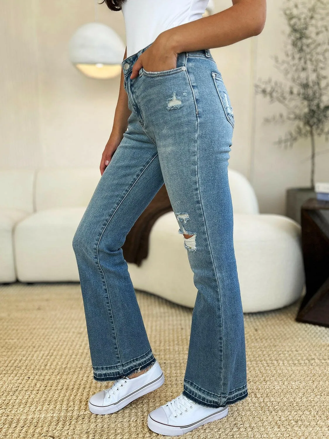 Judy Blue Full Size Mid Rise Bootcut Destroyed Hem Distressed Jeans