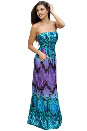 JuliaFashion-Aqua Purple Strapless Maxi Dress with Pockets