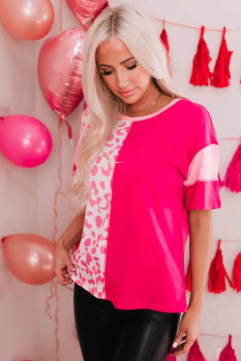 Leopard Color Block Pink T-Shirts For Women