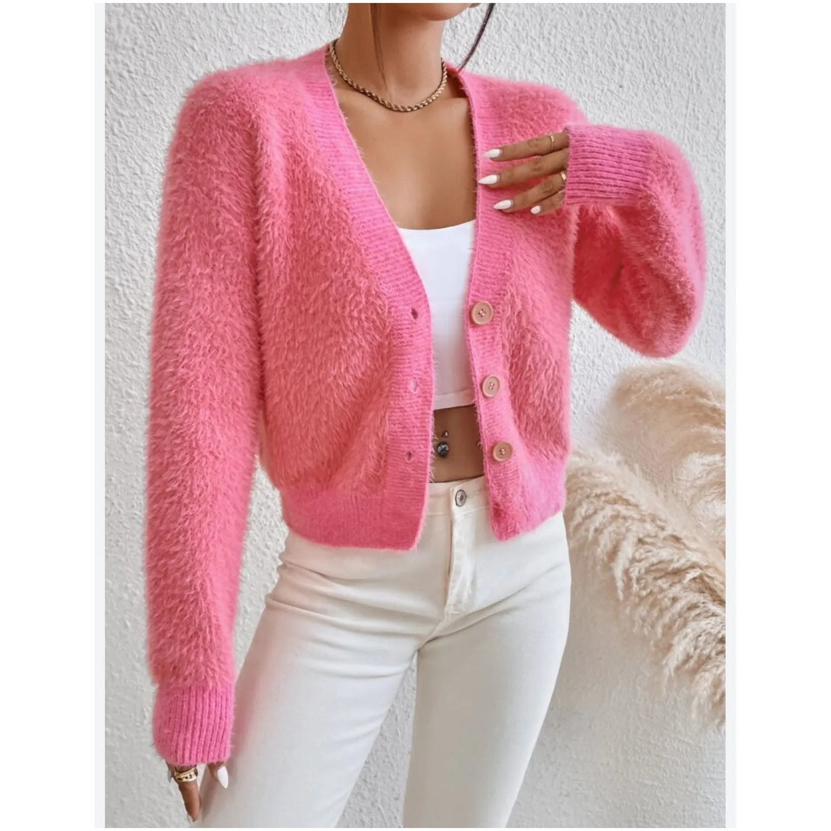 Long Sleeve V-Neck Fluffy Knit Cardigan