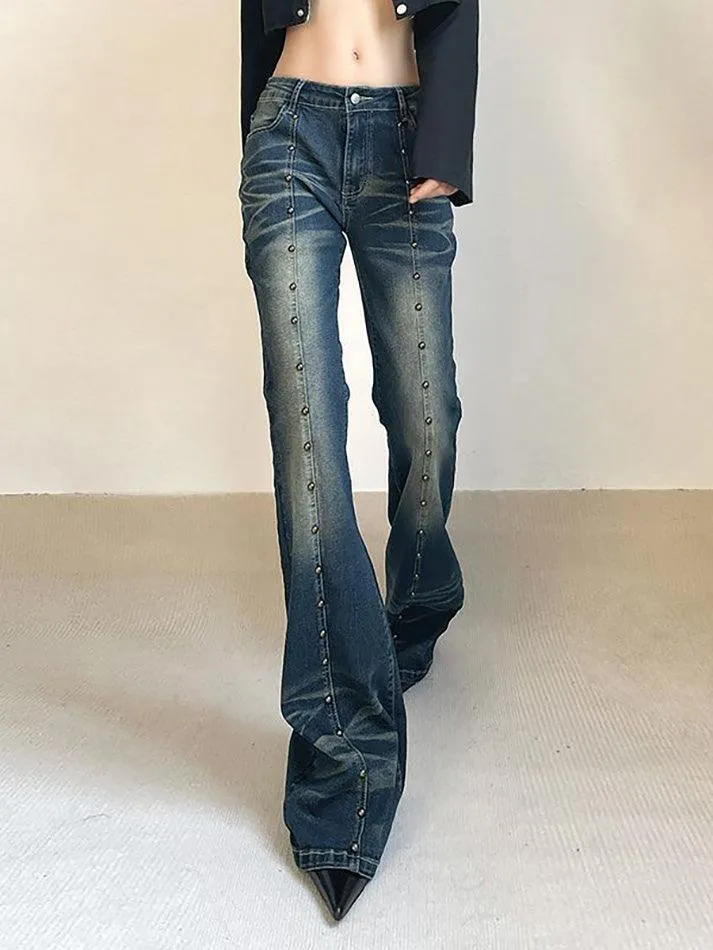 Low Rise Studded Slim-Fit Washed Boot-Cut Jeans