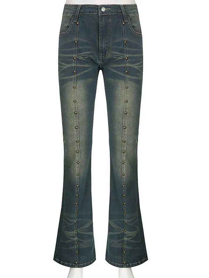 Low Rise Studded Slim-Fit Washed Boot-Cut Jeans