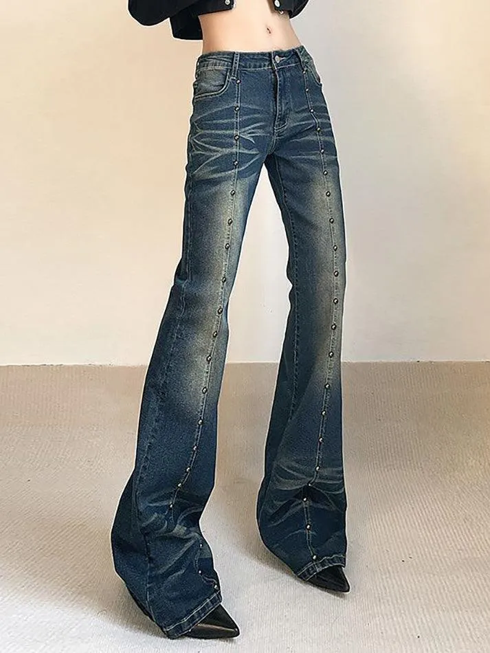 Low Rise Studded Slim-Fit Washed Boot-Cut Jeans