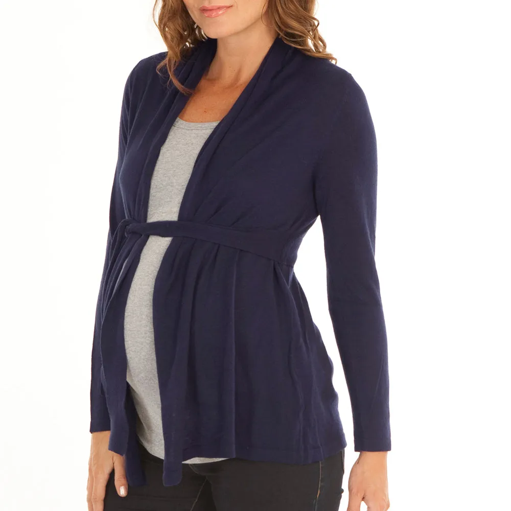 Maternity Roll Collar Knitted Waist Tie Cardigan - French Navy