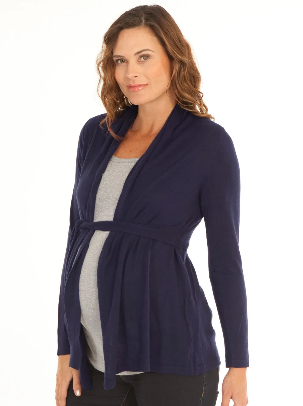 Maternity Roll Collar Knitted Waist Tie Cardigan - French Navy