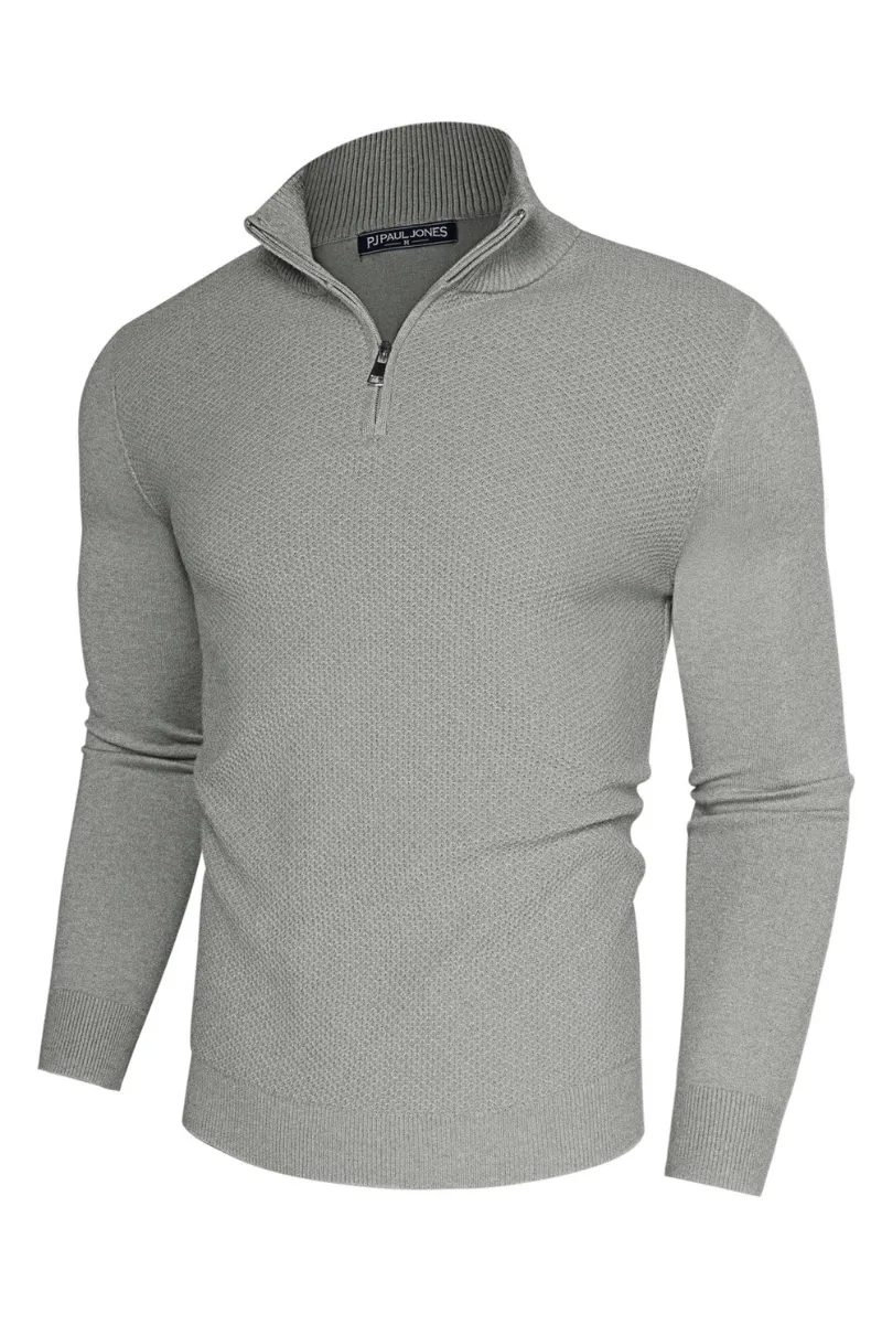 Men Textured Sweater Long Sleeve Stand Collar Zip-up Neck Pullover Knitwear