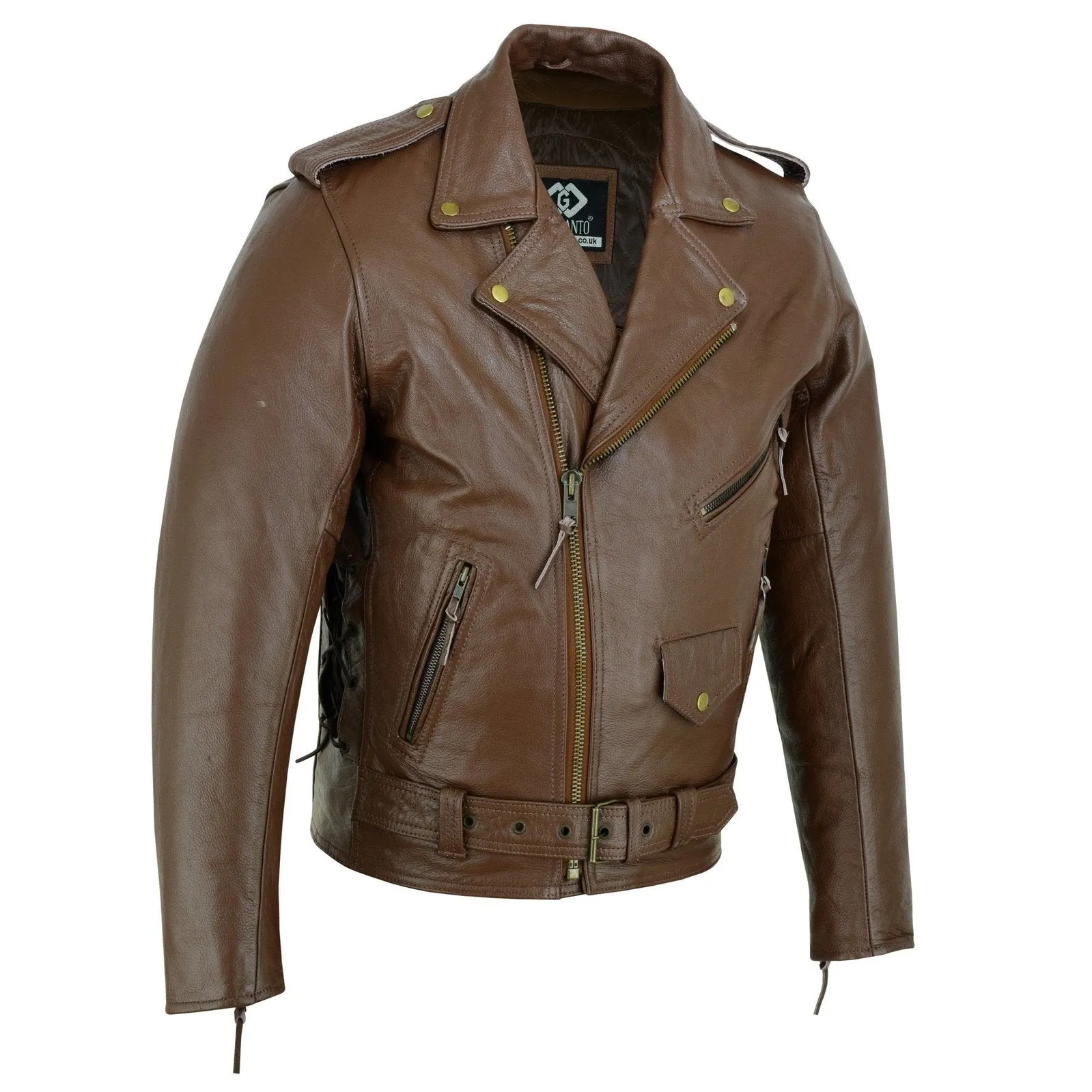 Mens Full Grain Cowhide Brando Belted Biker Leather Jacket Black Brown