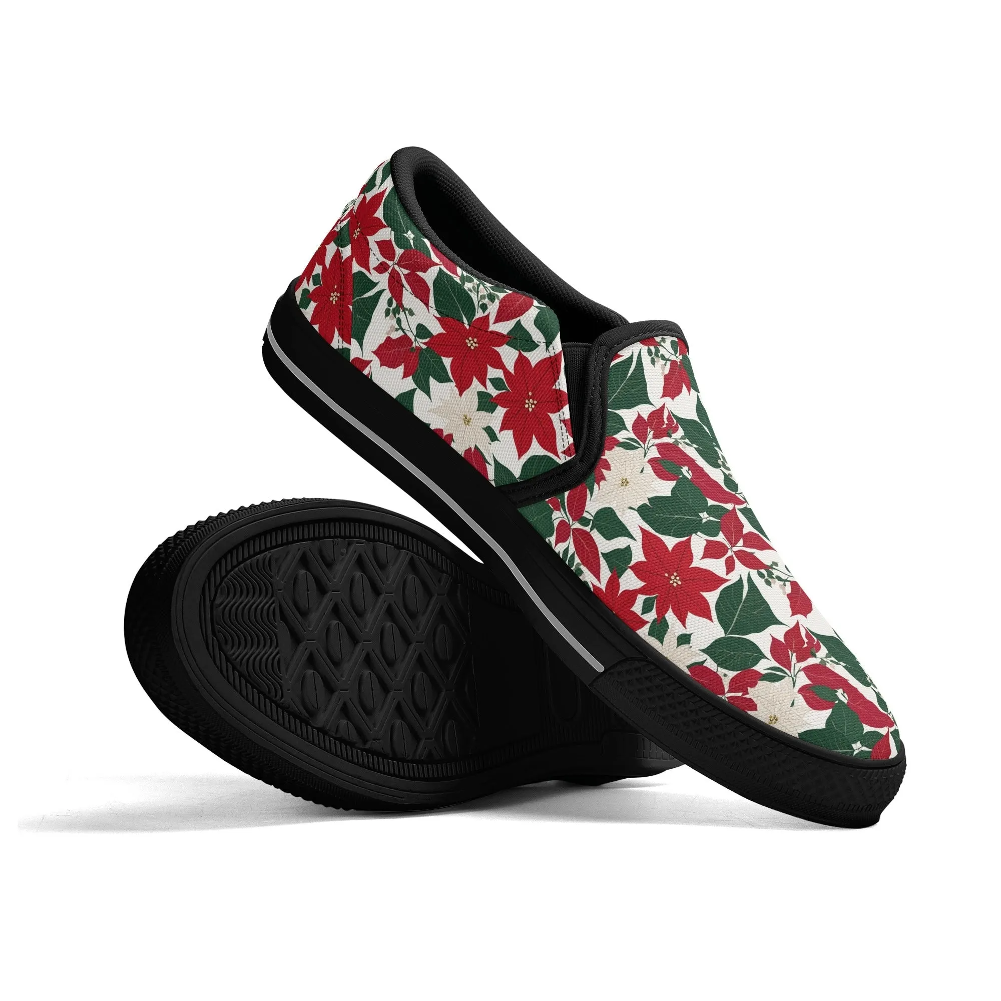 Mens Red and White Poinsettia Flower Rubber Slip On Shoes