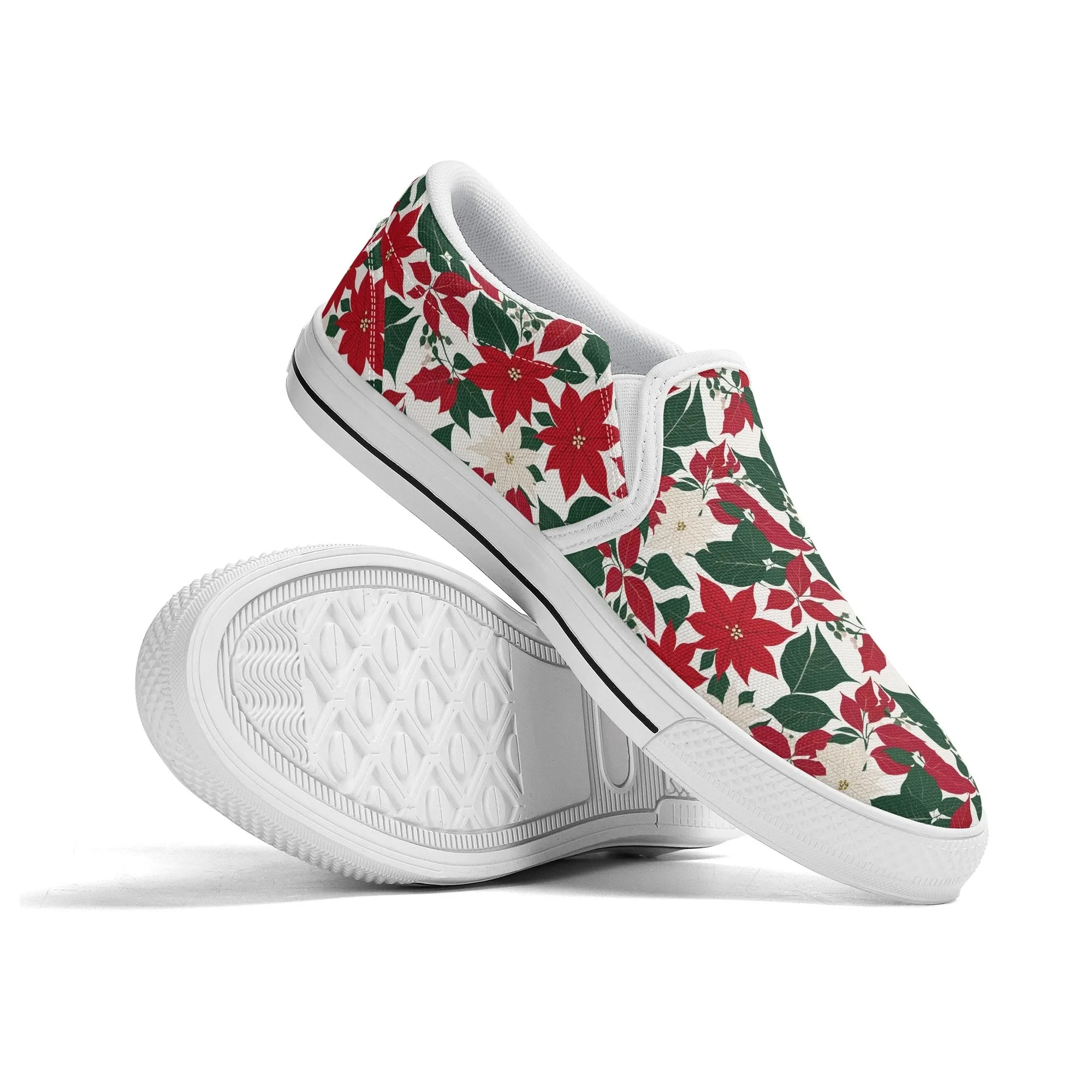 Mens Red and White Poinsettia Flower Rubber Slip On Shoes