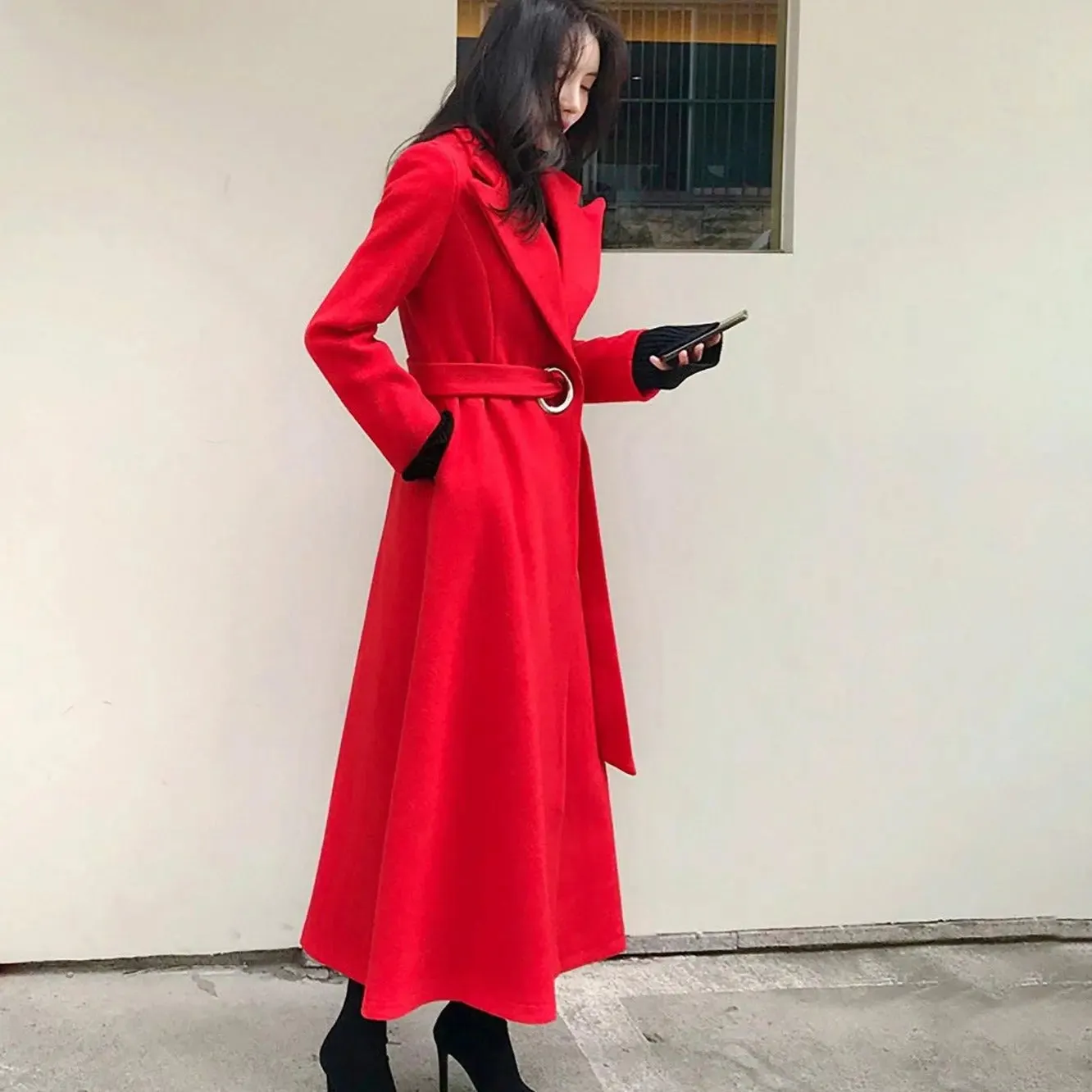 Metal Loop Belt Fit & Flare Wool Blend Coat