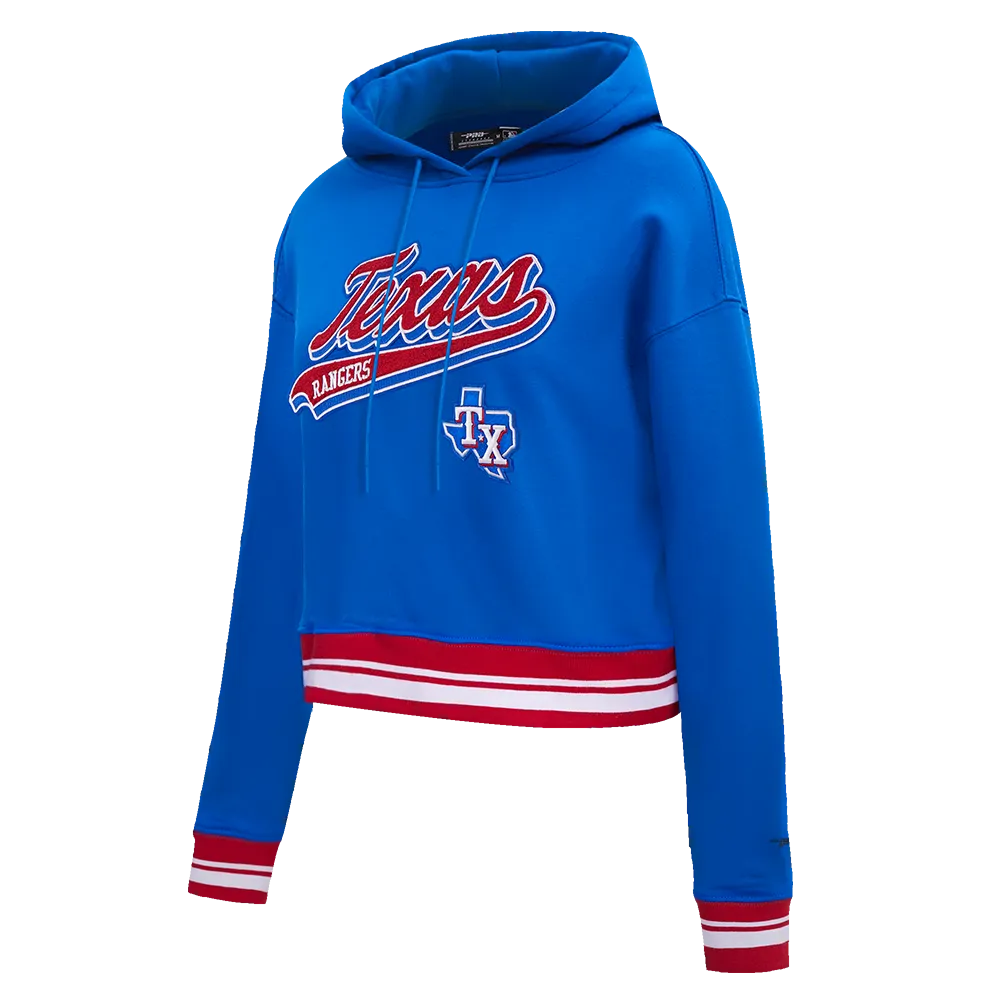 MLB TEXAS RANGERS SCRIPT TAIL WOMEN'S RIB FLC CROPPED PO HOODIE (ROYAL BLUE/RED)