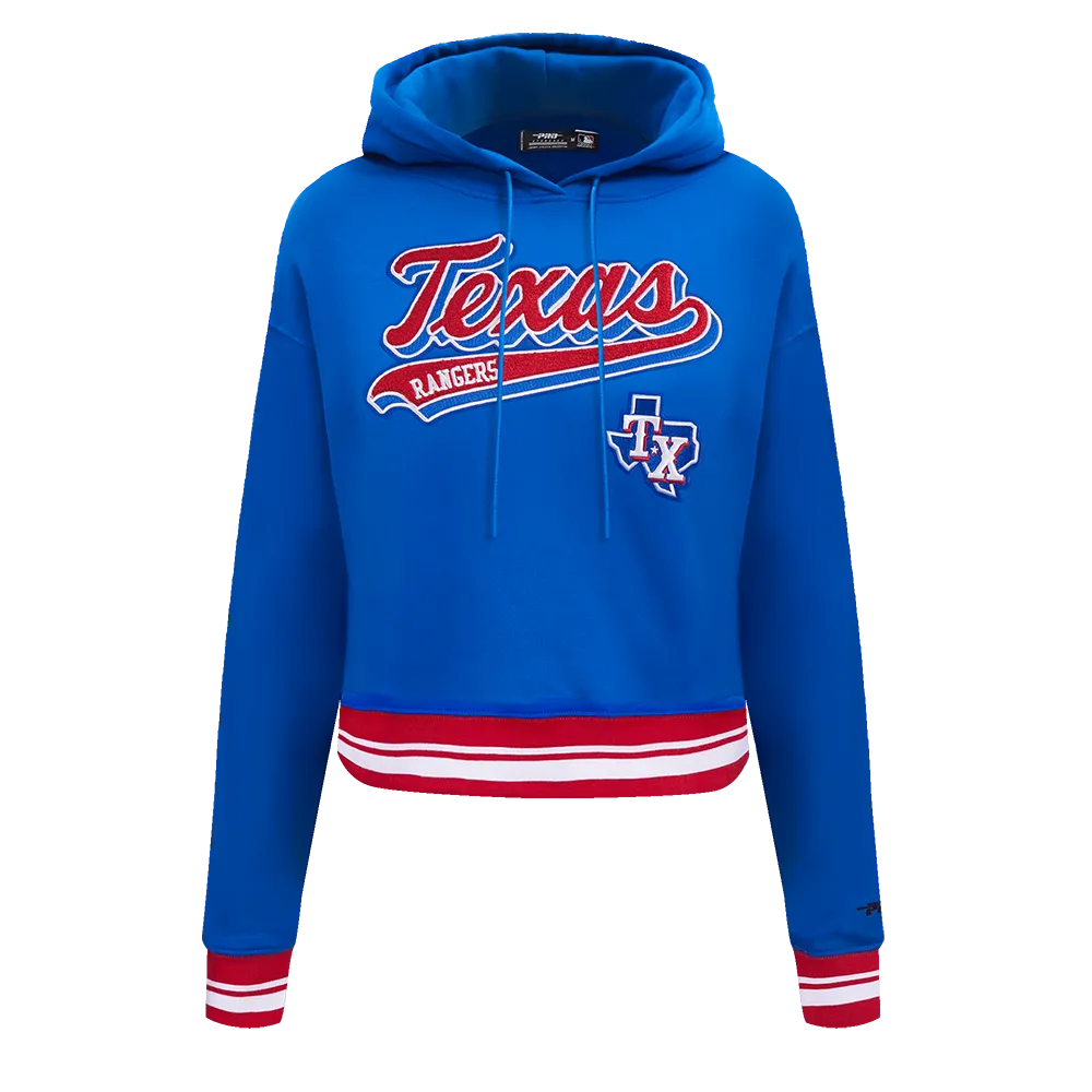 MLB TEXAS RANGERS SCRIPT TAIL WOMEN'S RIB FLC CROPPED PO HOODIE (ROYAL BLUE/RED)