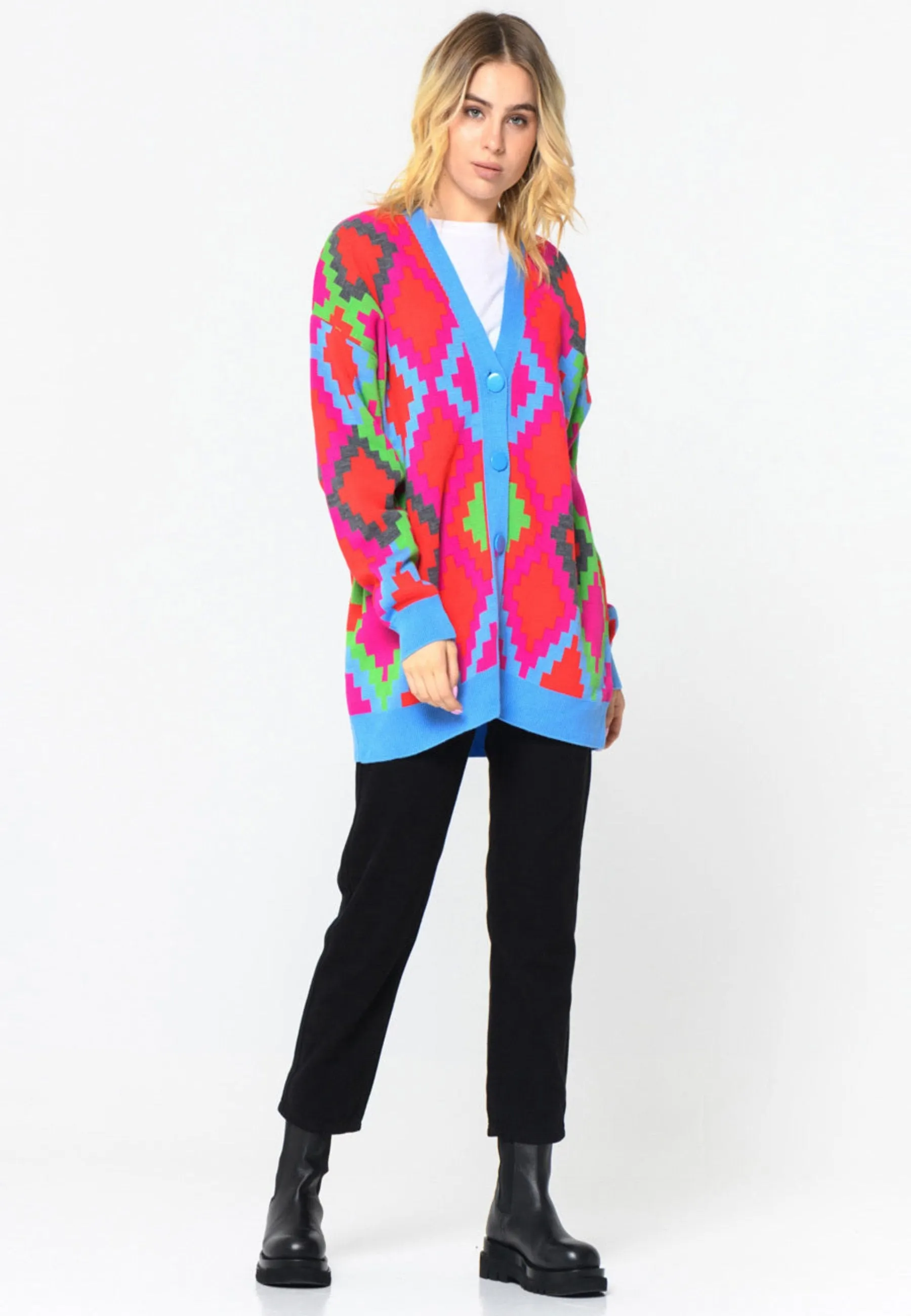 Multicoloured Button-Up Cardigan - Fuchsia