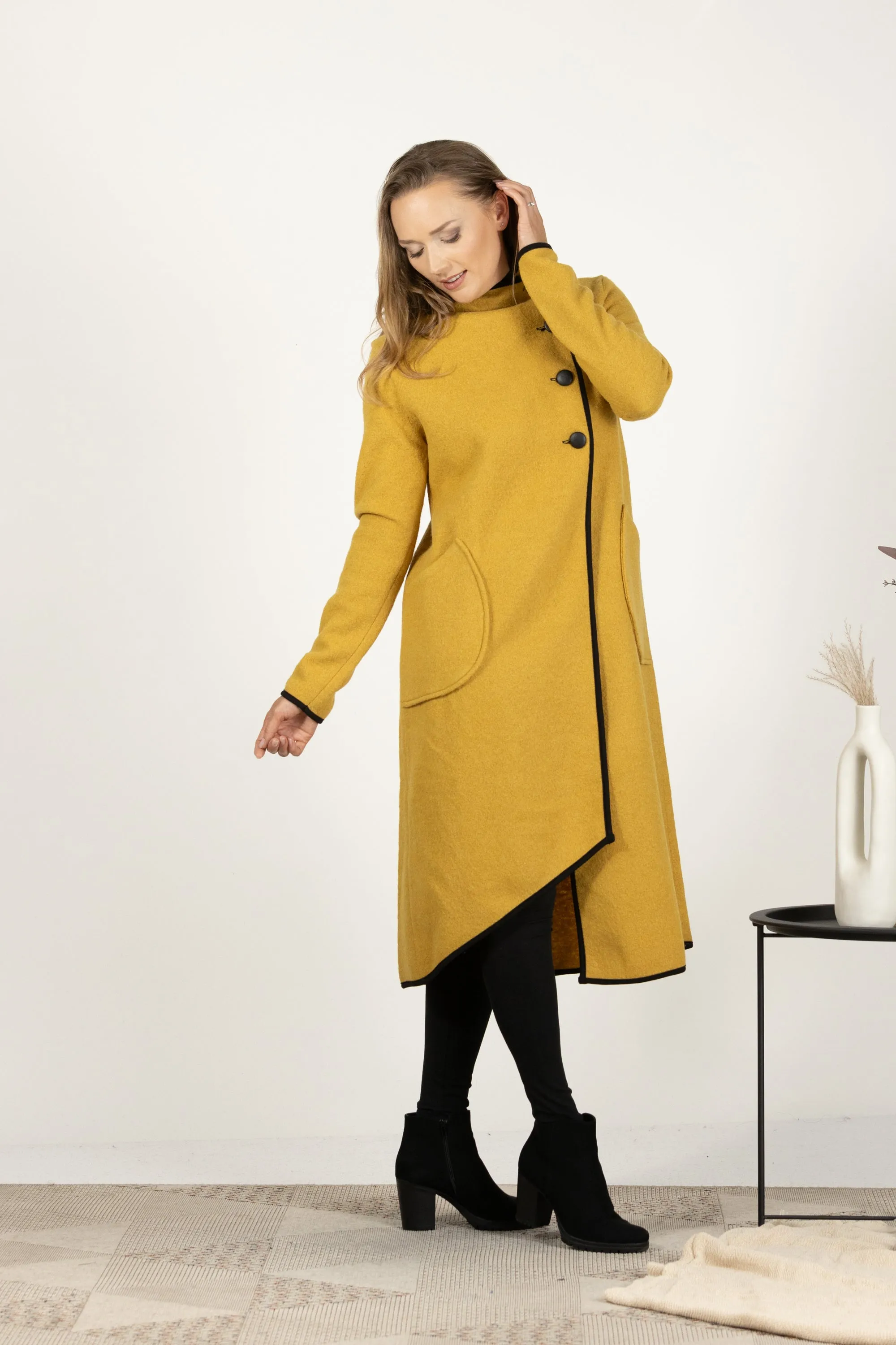 Mustard Boiled Wool Coat with Pockets