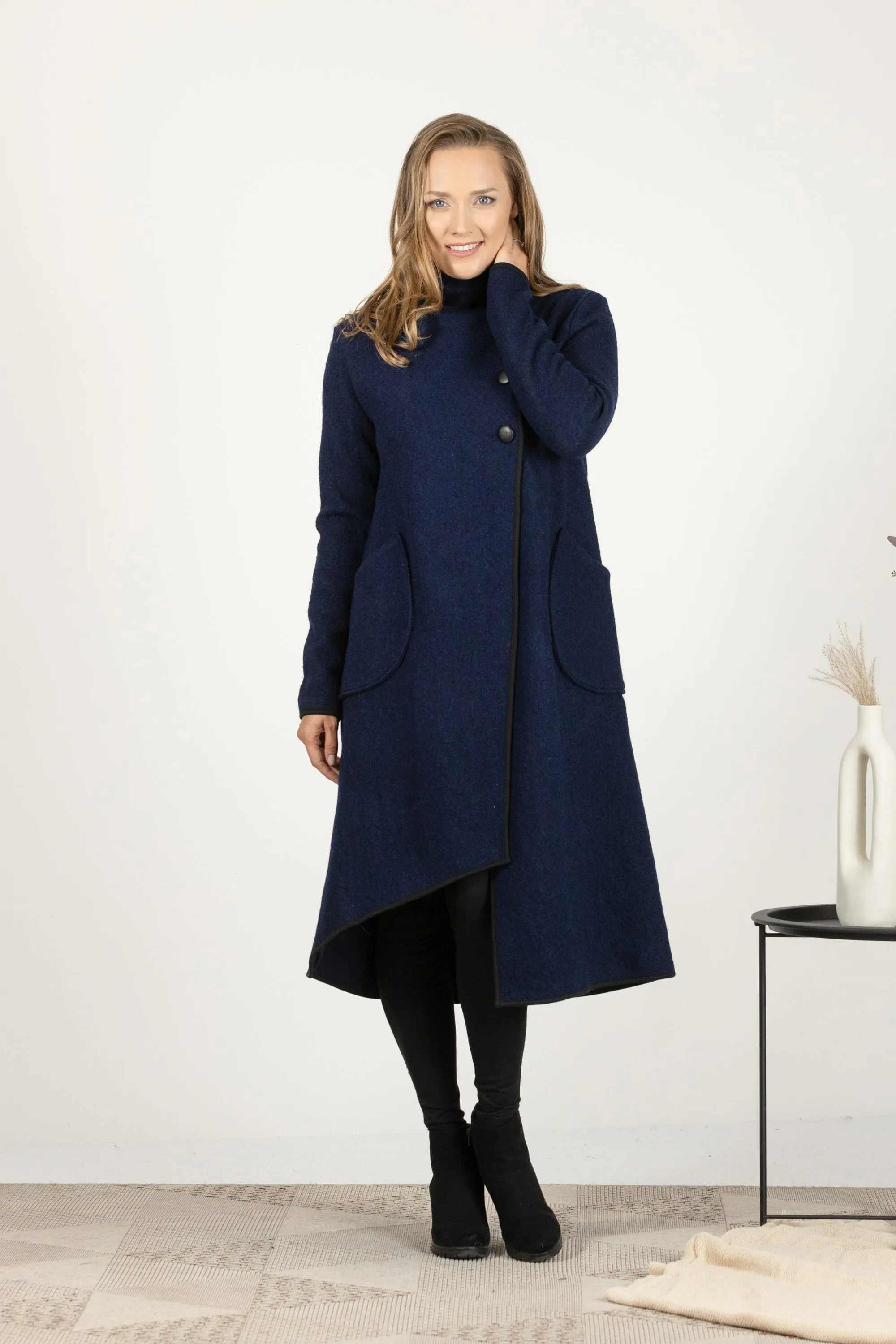 Mustard Boiled Wool Coat with Pockets