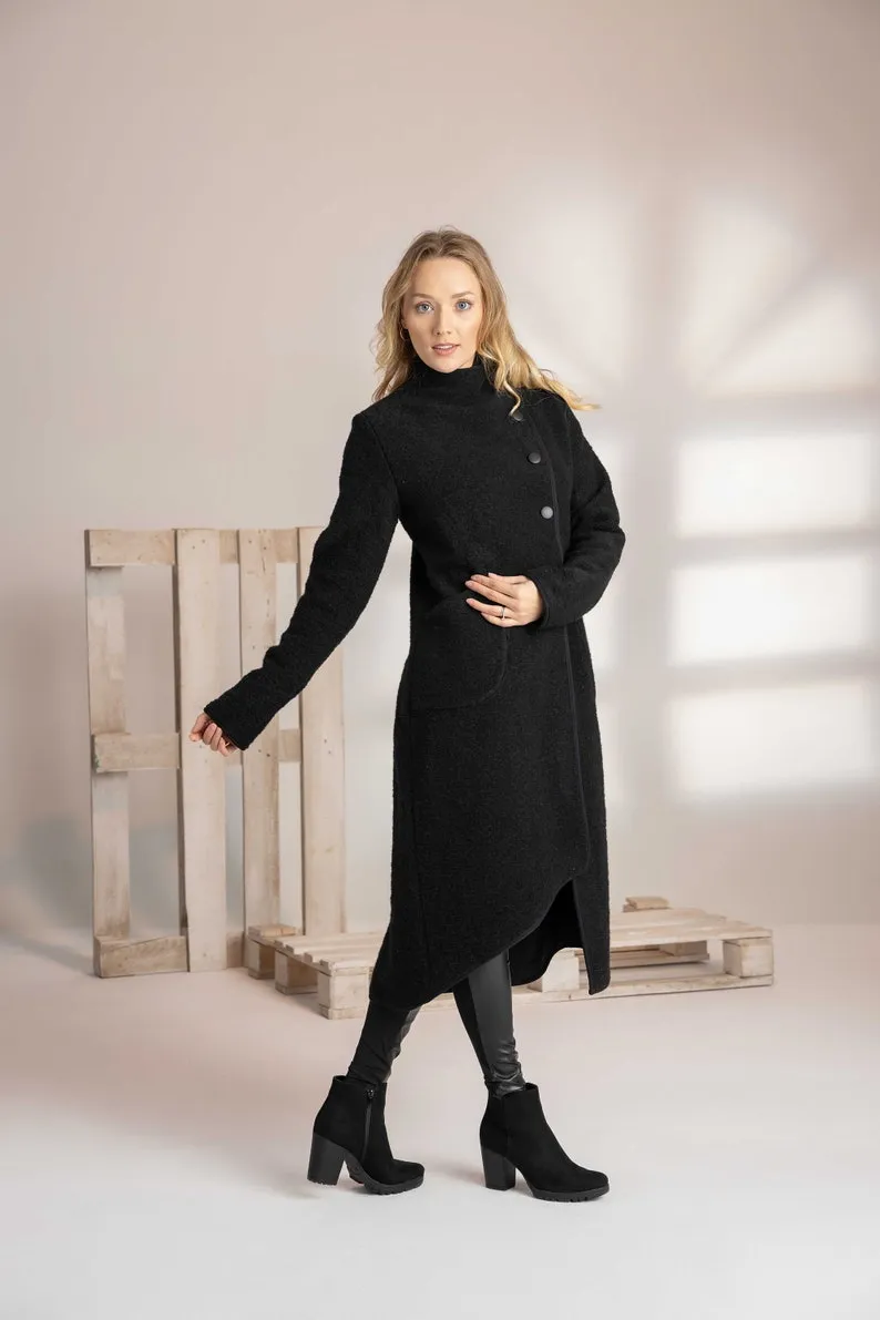 Mustard Boiled Wool Coat with Pockets